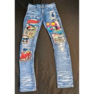 rue21 Premium~Skinny Arc Supreme Flex Jeans~Men 26x30~Pop Art Distressed Graphic
